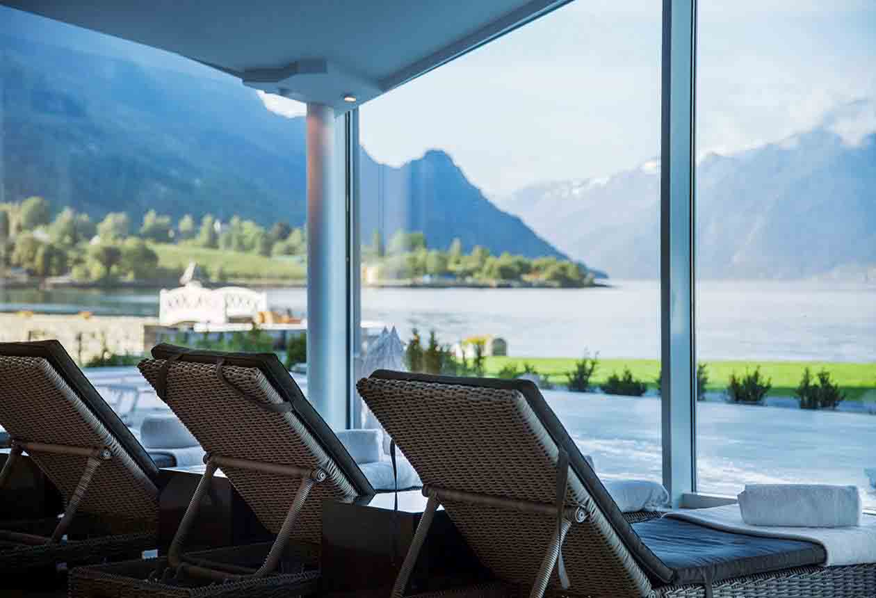 Pool deck at Hotel Ullensvang in Norway