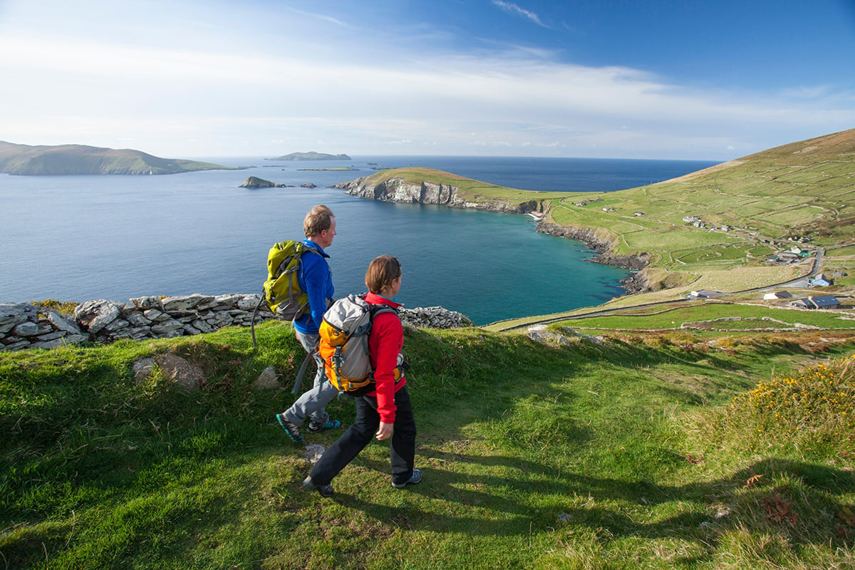 Walkers on the Dingle Way above Slea Head, Dingle Peninsula, County Kerry, Ireland