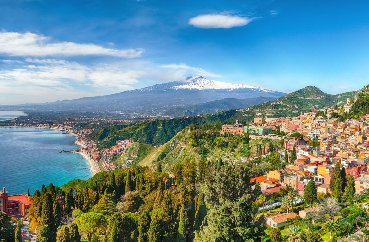 Scenic view of Mt. Etna in the distance in Sicily, Italy