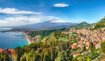 Scenic view of Mt. Etna in the distance in Sicily, Italy