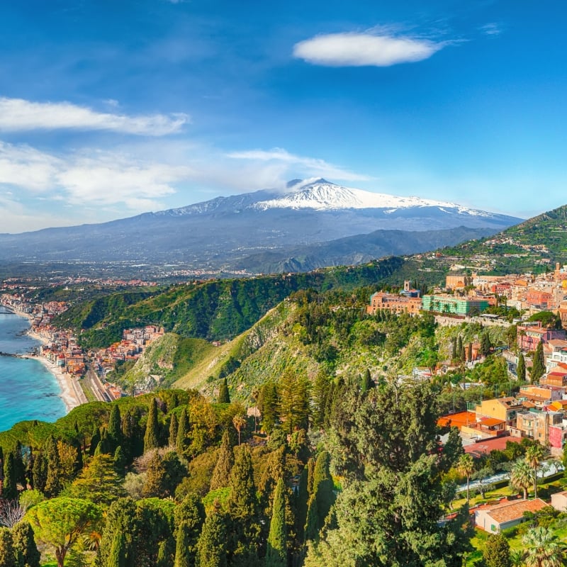 Scenic view of Mt. Etna in the distance in Sicily, Italy