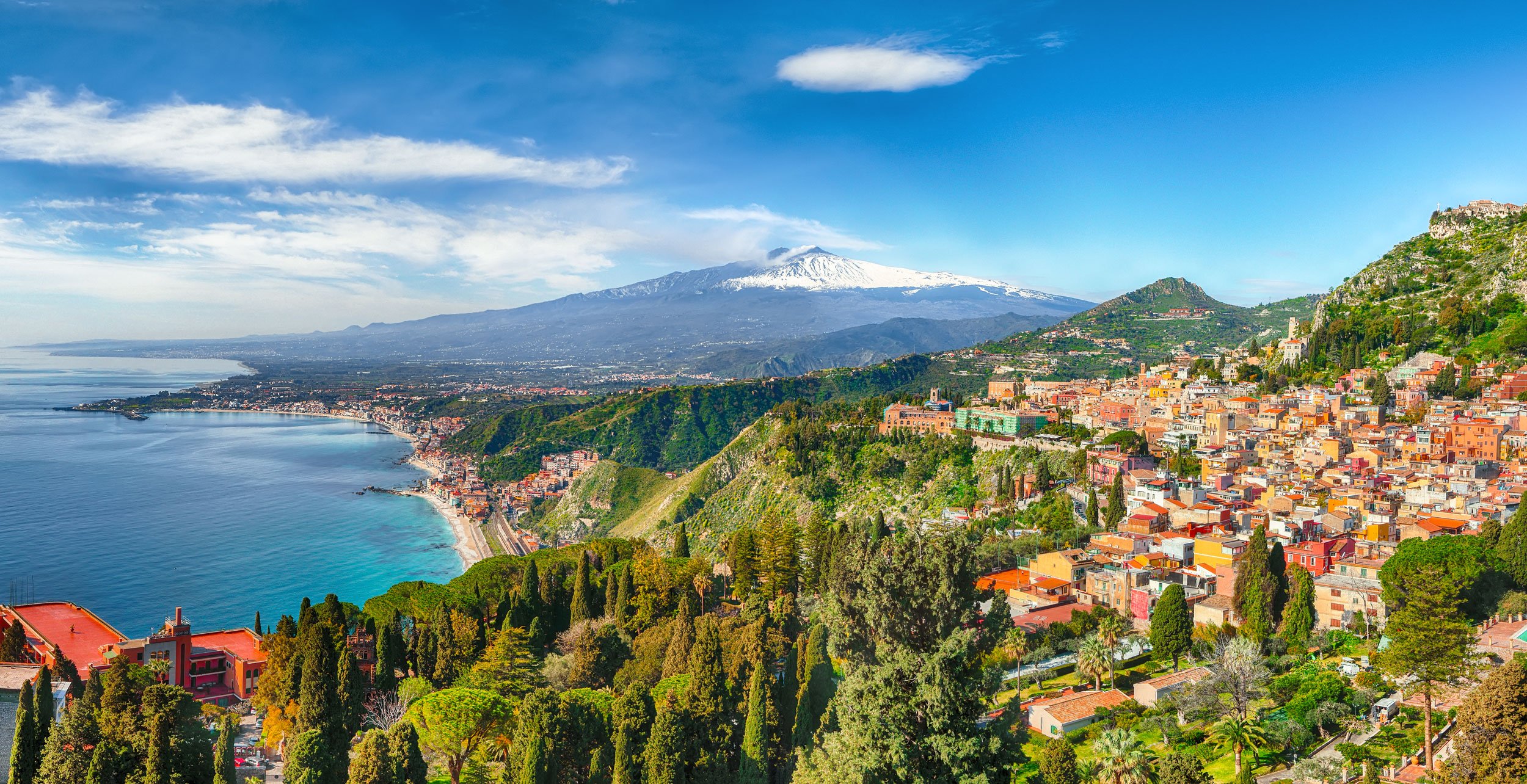 Scenic view of Mt. Etna in the distance in Sicily, Italy