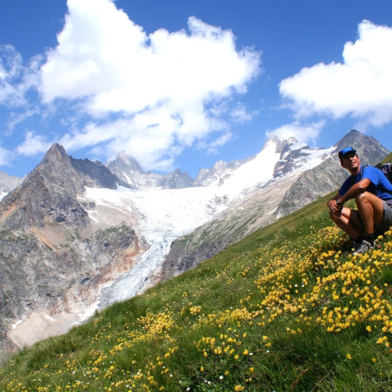 Hiker resting on a grassy hill with wildflowers and mountain views in the background, by Mont Blanc
