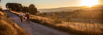 Four people hiking during sunset in El Camino de Santiago